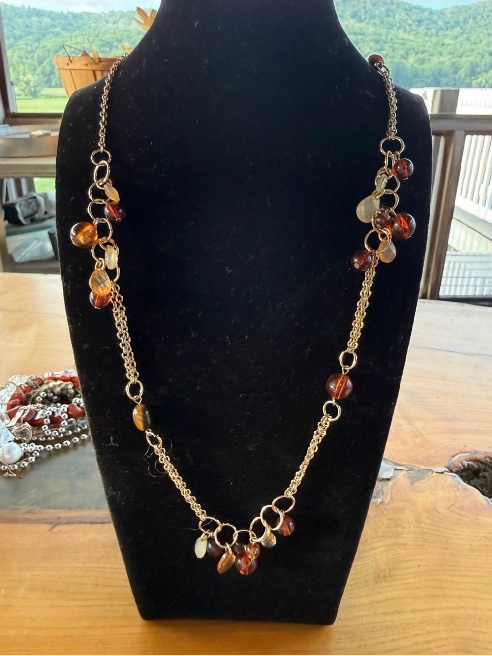 New York & Company Gold-Tone Necklace with Amber and Honey Beads
